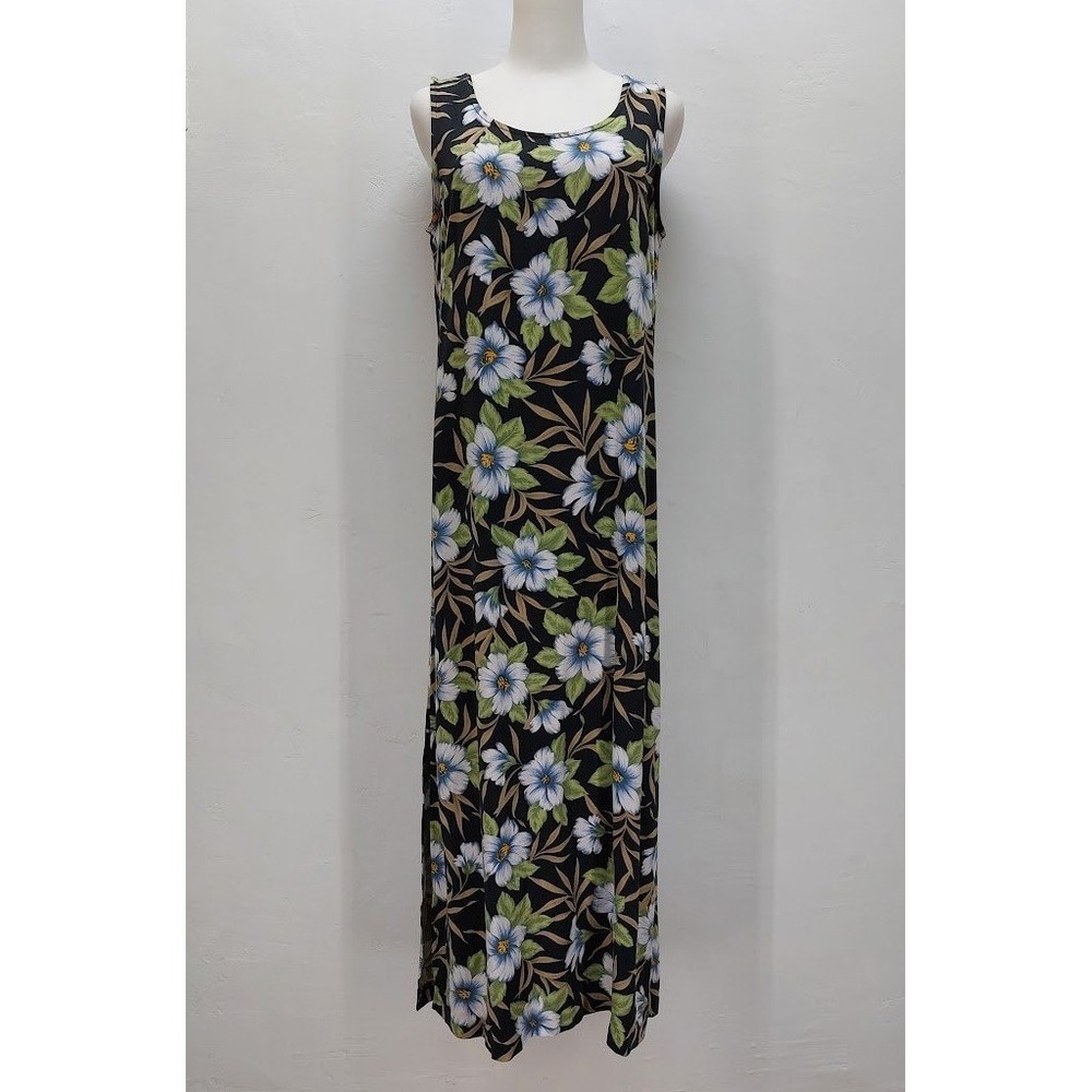 Tahiti Reef Club Maxi Dress Women's Small Black Blue Floral Tropical Rayon 90's
